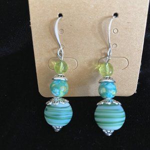 NWT Handmade green/blue/silver dangle bead earrings